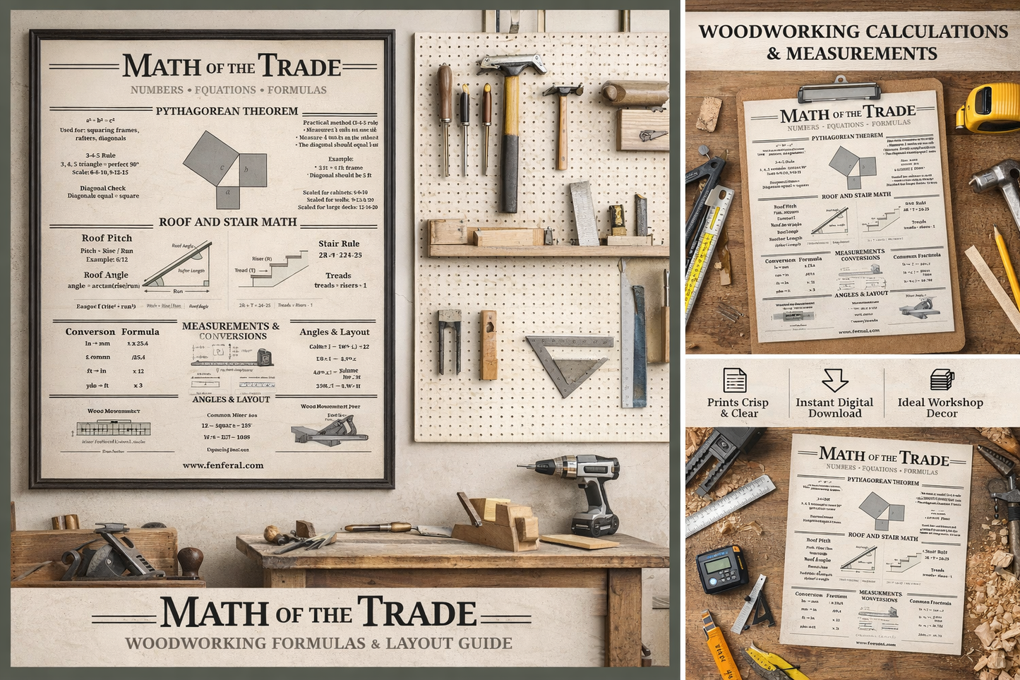 Math of the Trade Poster (Printable) | Woodworking Math, Carpentry Formulas & Layout Guide | 2:3 3:4 4:5