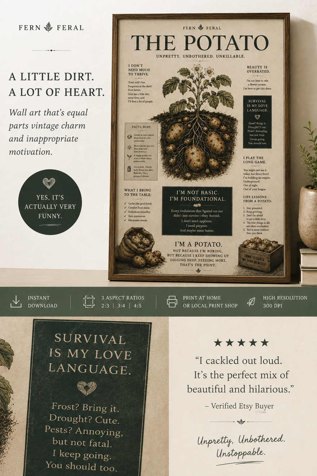 Funny Potato Wall Art Printable | Vintage Botanical Gardener Poster