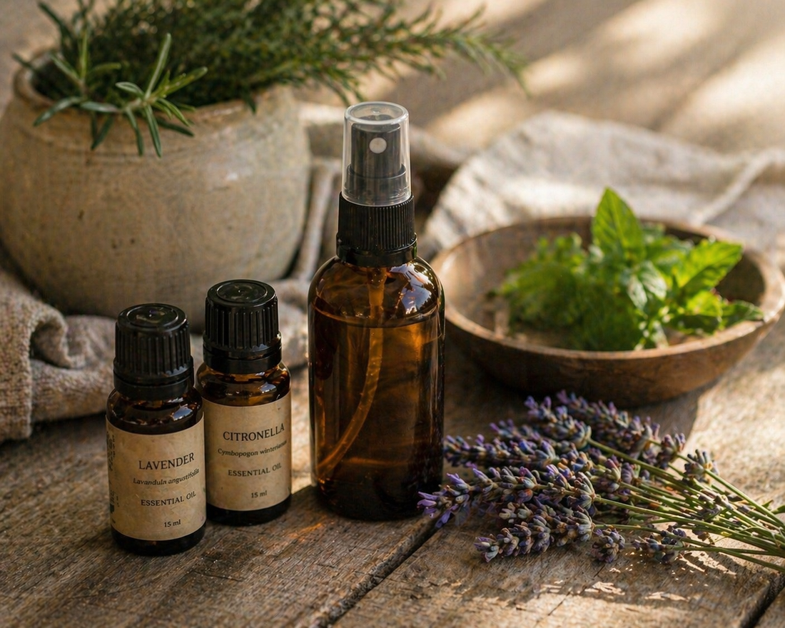 Plant based ingredients and a spray bottle are on a wood surface.  There us a linen hand towel.  This is an image of all-natural ingredients prepared for mixing and creating a bug repellent spray