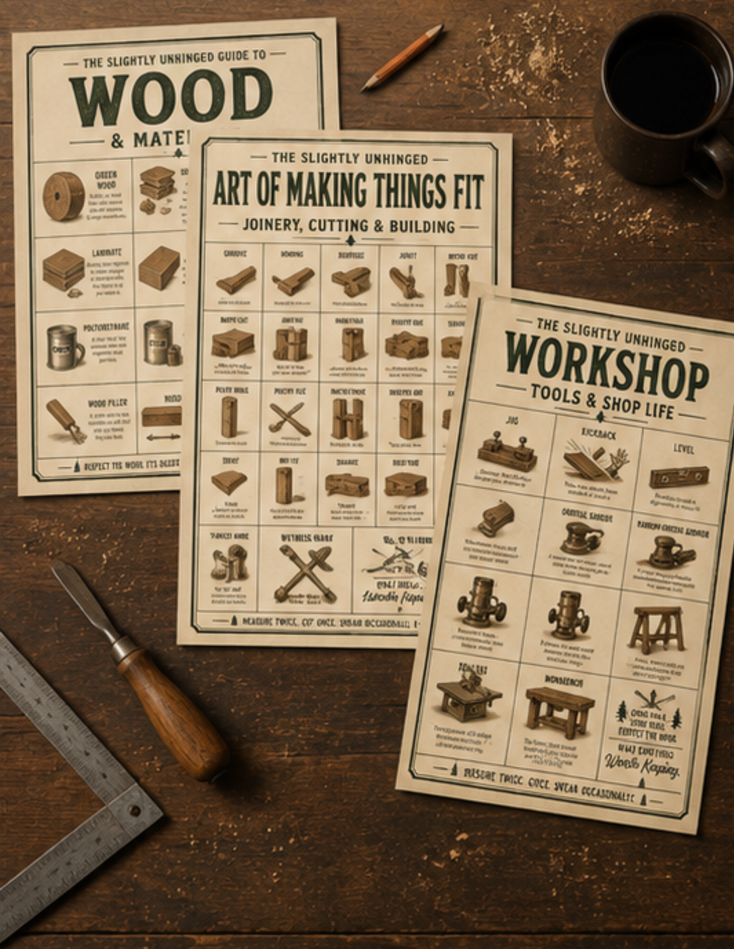 The Slightly Unhinged Woodworking Dictionary | Printable Workshop Wall Art Set (3 Posters)