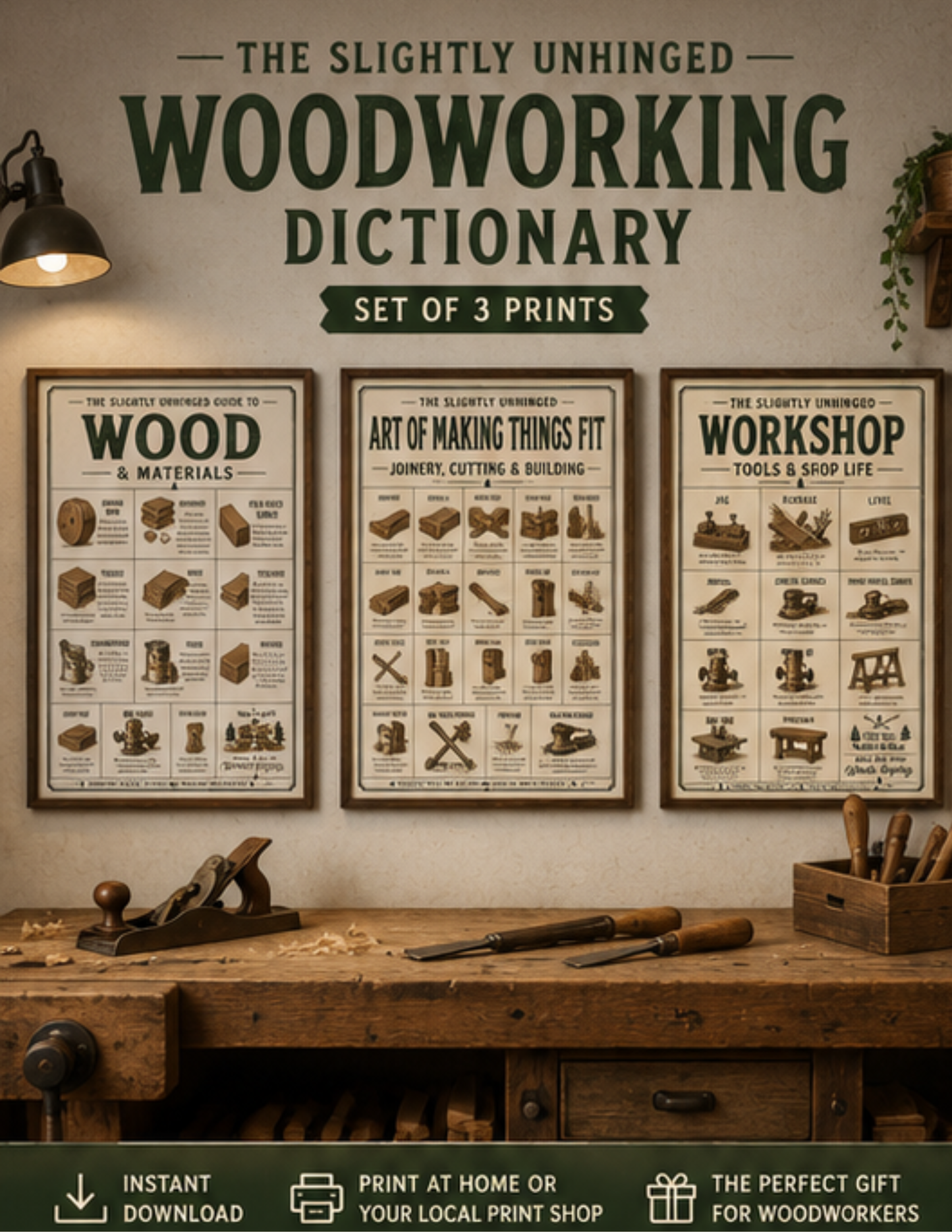 The Slightly Unhinged Woodworking Dictionary | Printable Workshop Wall Art Set (3 Posters)