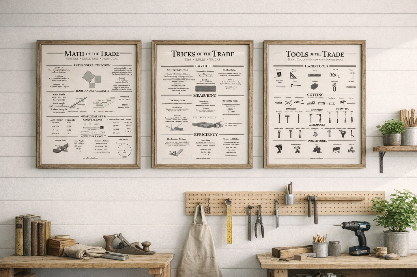 Woodworking Poster Set (3 Pack Printable) | Tools, Math & Tricks of the Trade | Shop Wall Art | 2:3 3:4 4:5