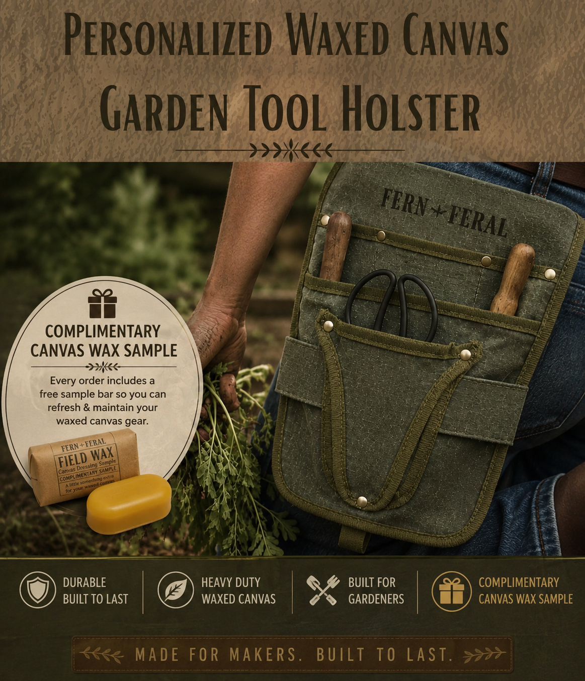 Waxed Canvas Personalized Engraved Garden Tool Holster (Unisex)