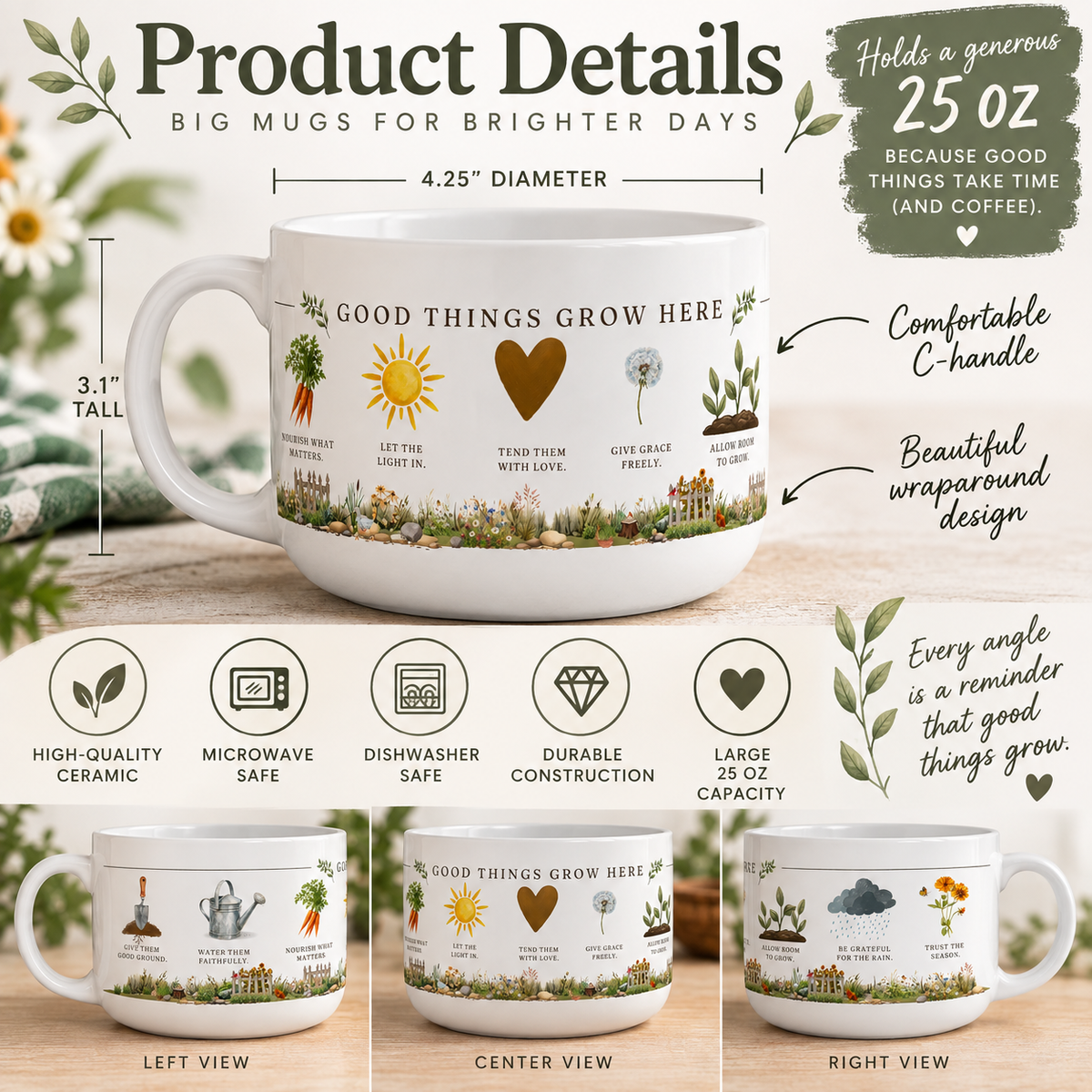 Gardening Mug for Garden Lovers, 25 oz Coffee Mug, Gardener Gift, Good Things Grow Here Mug, Cottage Garden Gi