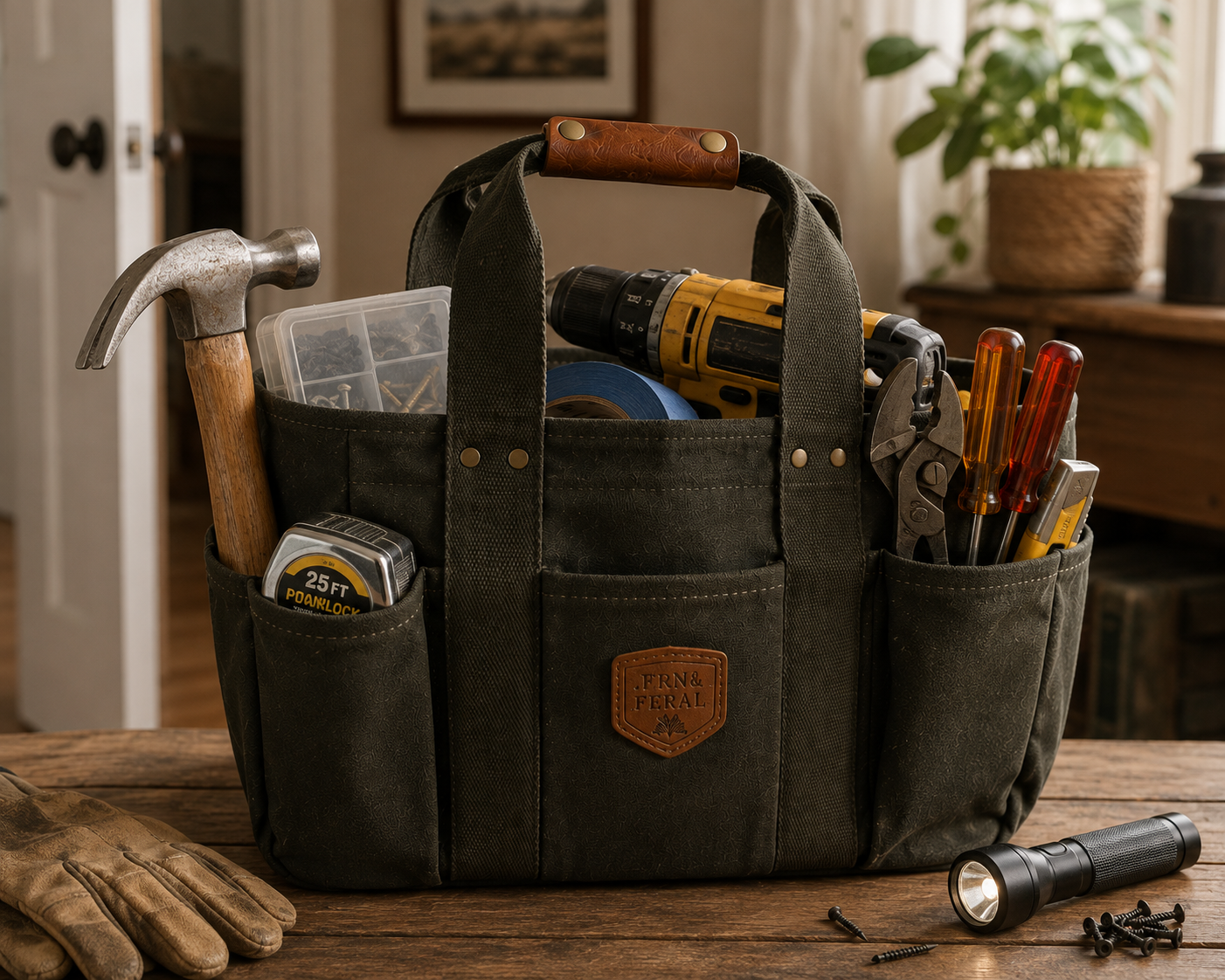 Personalized Waxed Canvas Tote Bag, Garden Tool Bag & Utility Caddy, Custom Leather Patch Organizer, Gardener Handyman Gift