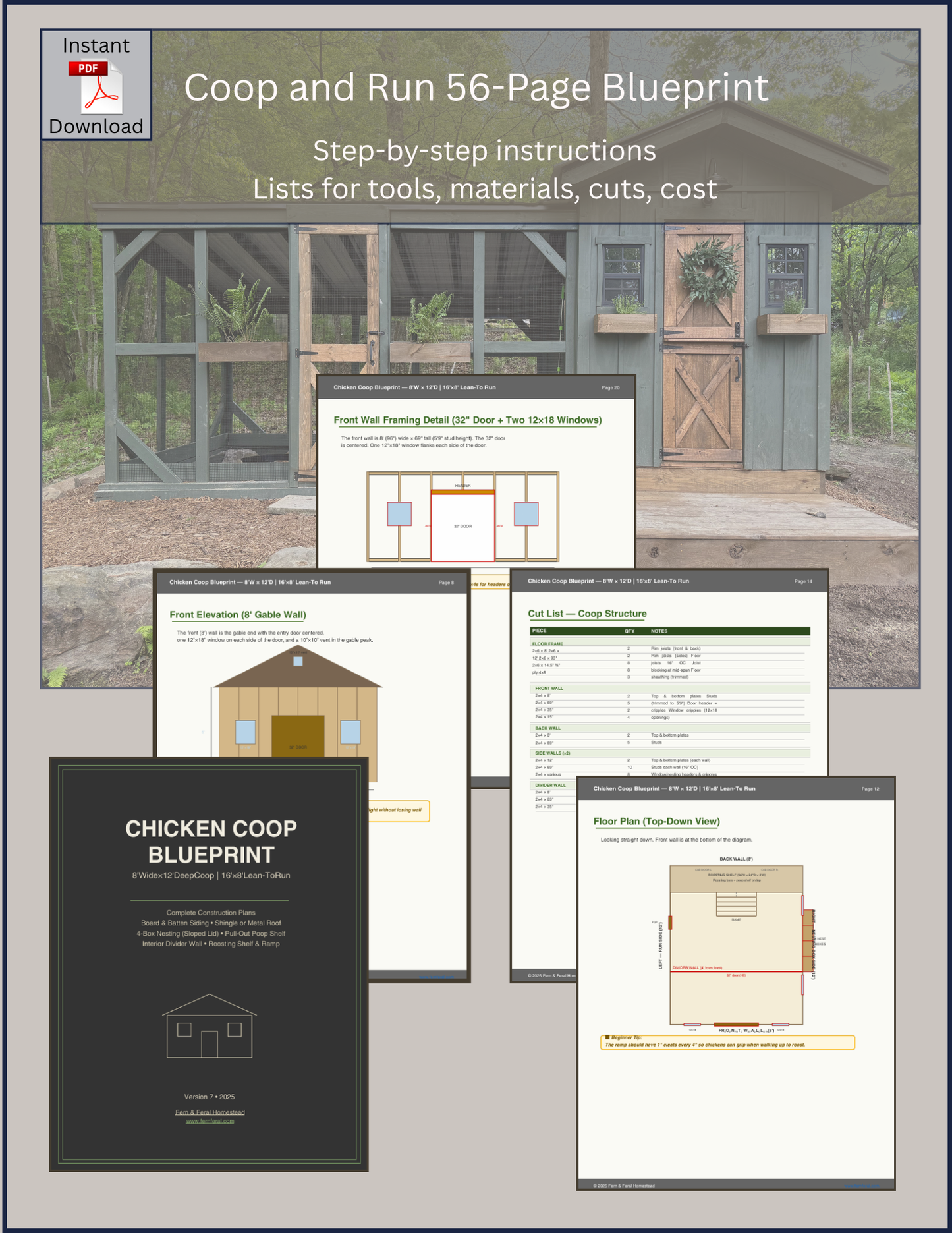8x12 Walk-In Chicken Coop Plans with 12x16 Run | DIY Coop Blueprint | Greenhouse Shed or She Shed Conversion | Fern & Feral