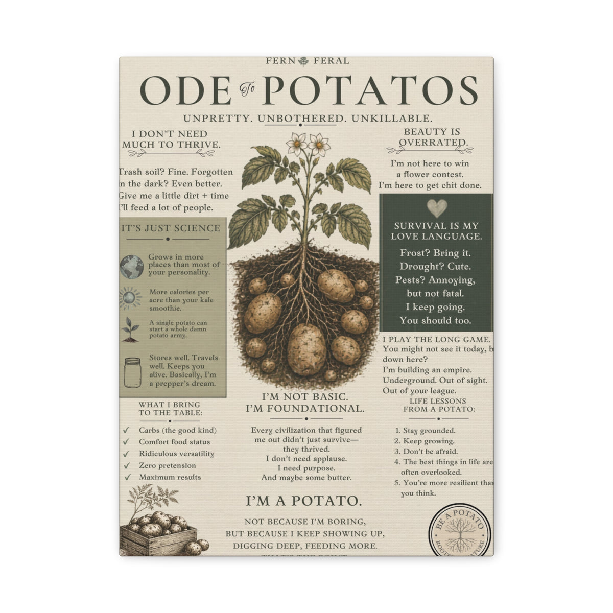Ode to Potatoes canvas print | botanical potato art, kitchen wall decor