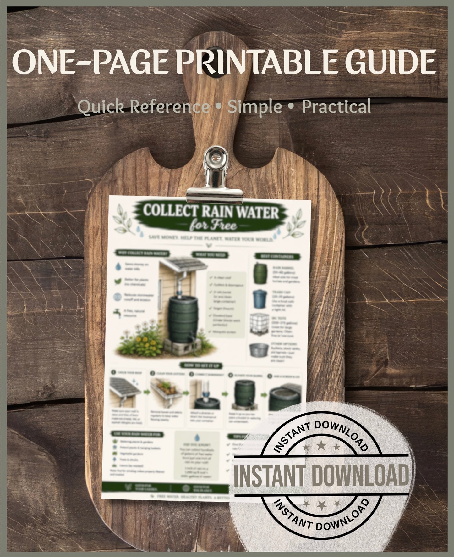 Collect Rainwater for Free Printable Guide | Rain Barrel Setup PDF | Rainwater Harvesting Cheat Sheet | Garden Water Saving