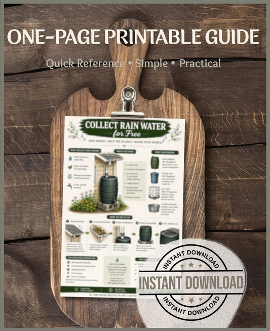 Collect Rainwater for Free Printable Guide | Rain Barrel Setup PDF | Rainwater Harvesting Cheat Sheet | Garden Water Saving