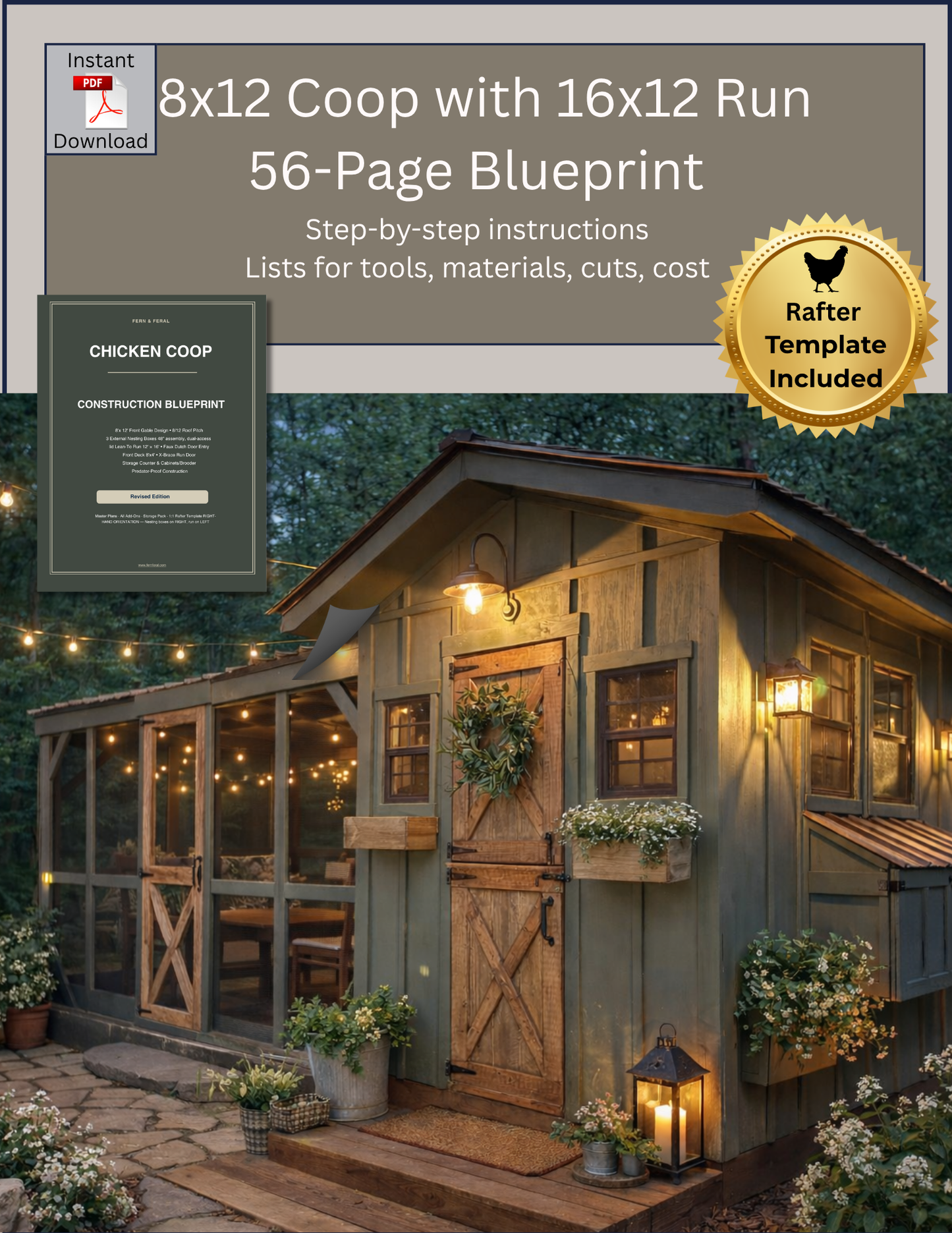 8x12 Walk-In Chicken Coop Plans with 12x16 Run | DIY Coop Blueprint | Greenhouse Shed or She Shed Conversion | Fern & Feral