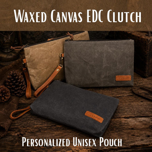 Personalized Waxed Canvas Everyday Pouch | Custom Engraved Leather Zipper Bag | Travel Organizer | EDC Bag | Toiletry Kit | Hiking | Gift