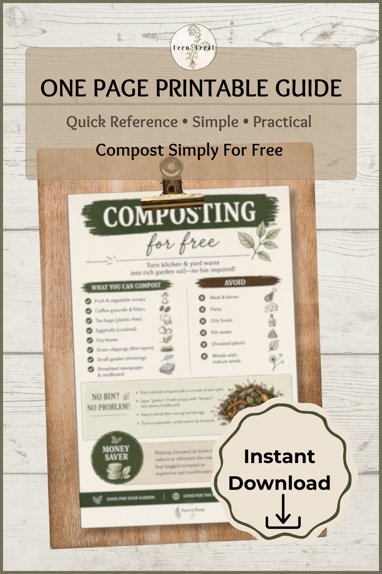 Composting for Free Printable Guide | Compost Cheat Sheet PDF | Beginner Composting | Sustainable Gardening | Instant Download