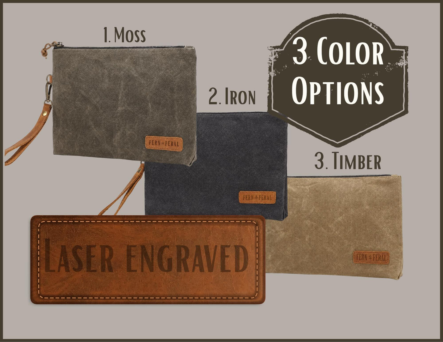 Personalized Waxed Canvas Everyday Pouch | Custom Engraved Leather Zipper Bag | Travel Organizer | EDC Bag | Toiletry Kit | Hiking | Gift