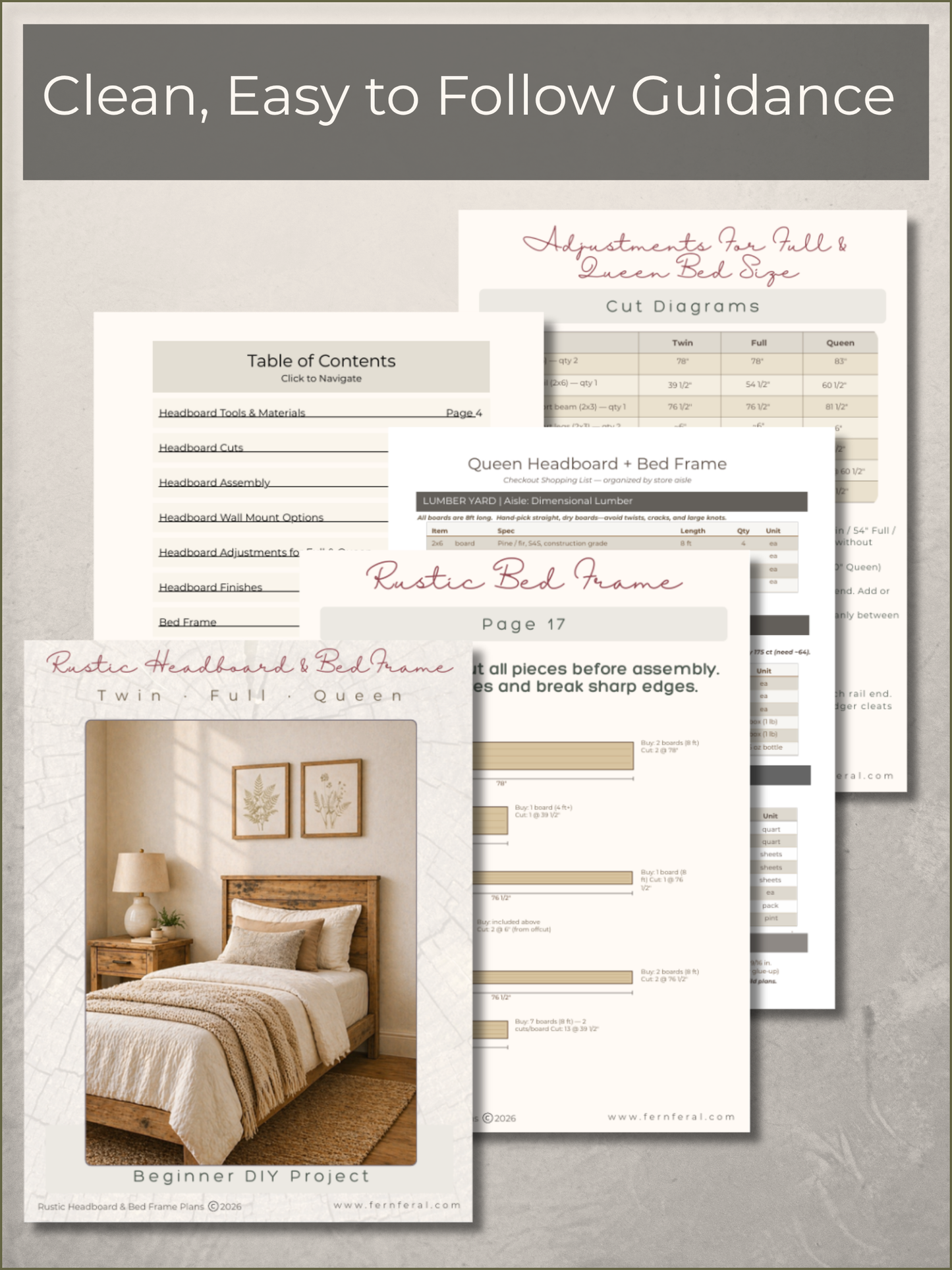 DIY Rustic Headboard & Bed Frame Plans | Twin Full Queen | Printable Woodworking Plans with Cut List, Shopping List & Step-by-Step Guide