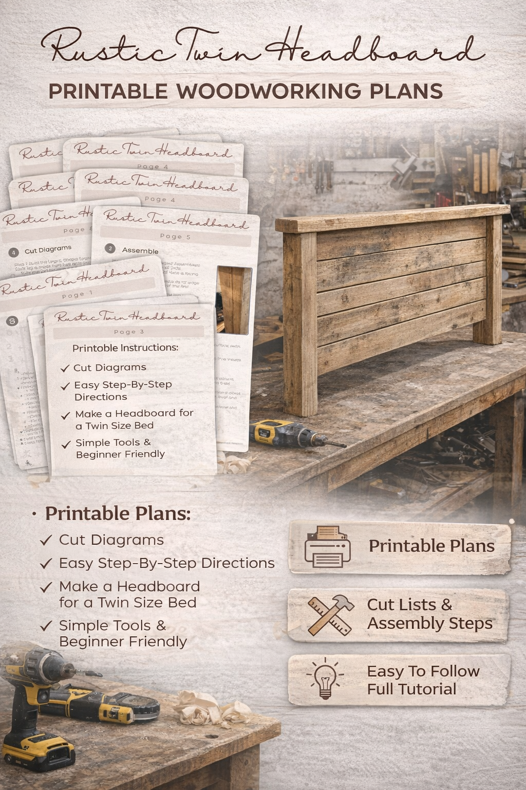 DIY Rustic Headboard & Bed Frame Plans | Twin Full Queen | Printable Woodworking Plans with Cut List, Shopping List & Step-by-Step Guide