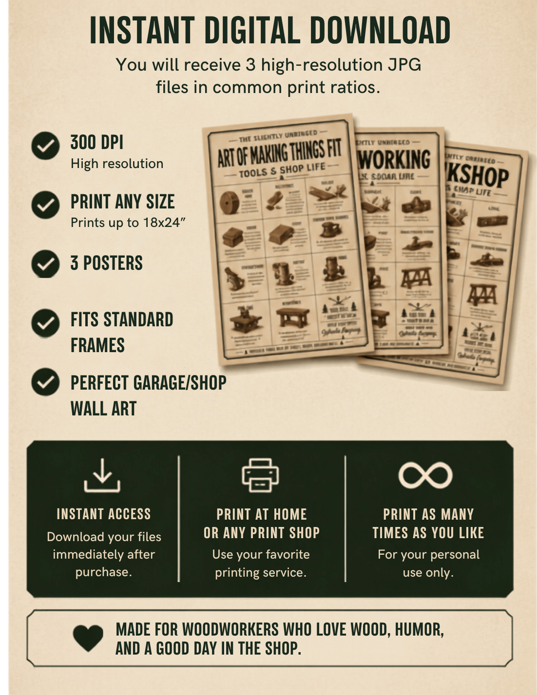 The Slightly Unhinged Woodworking Dictionary | Printable Workshop Wall Art Set (3 Posters)