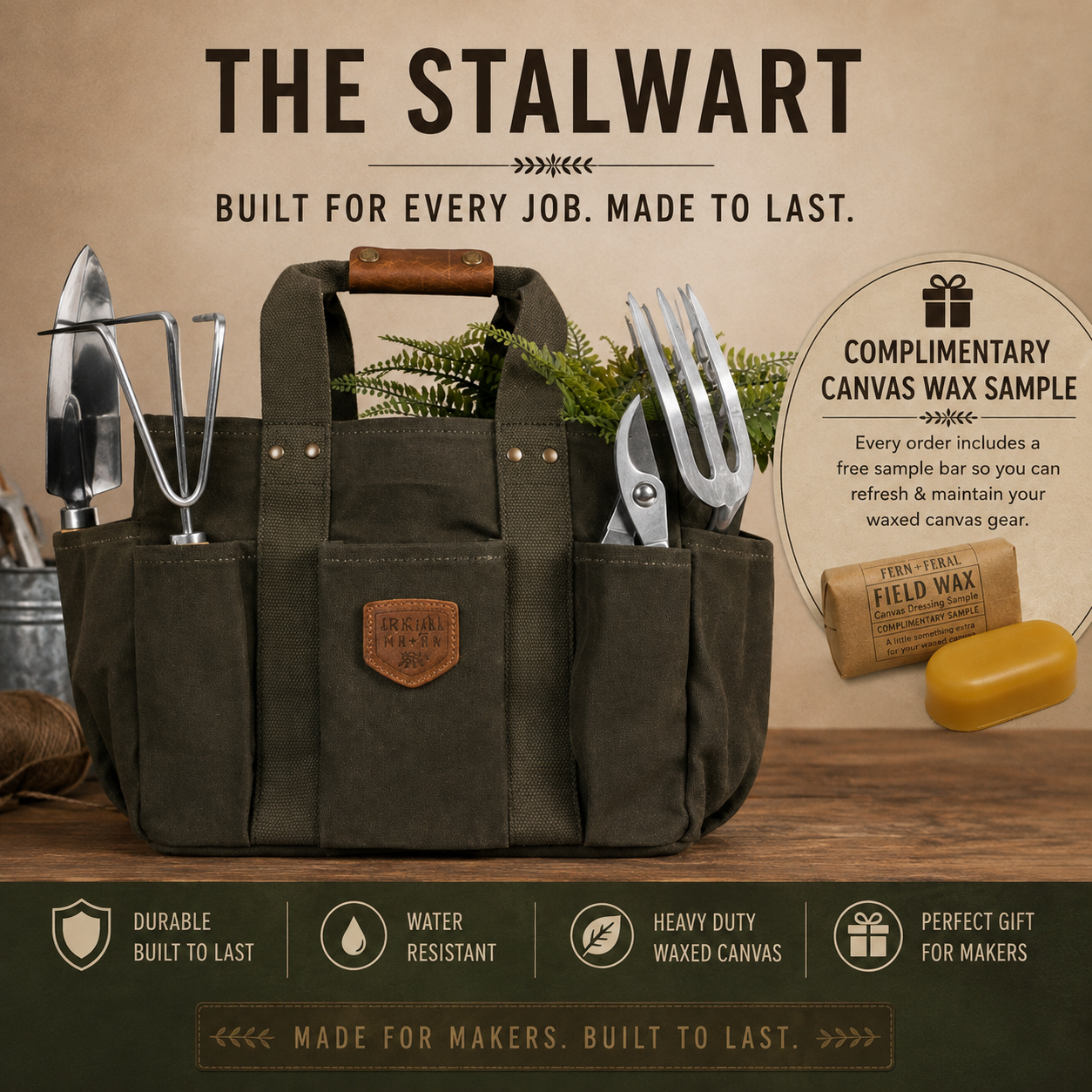 Personalized Waxed Canvas Tote Bag, Garden Tool Bag & Utility Caddy, Custom Leather Patch Organizer, Gardener Handyman Gift