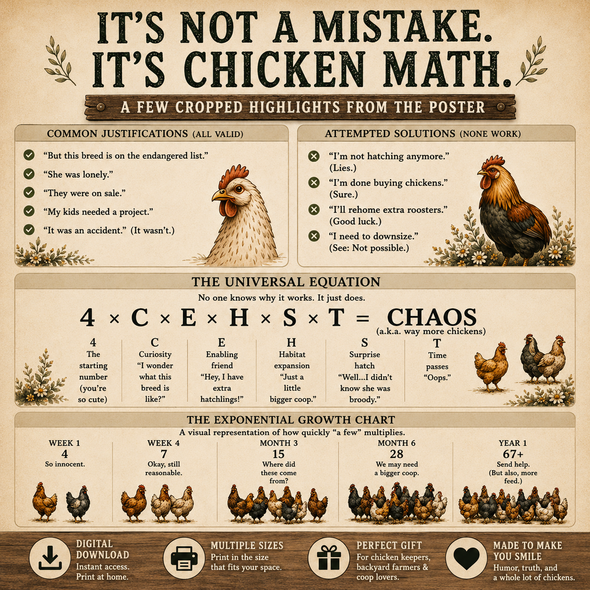 Chicken Math Vintage Farmhouse Poster – Funny Backyard Chicken Keeper Wall Art