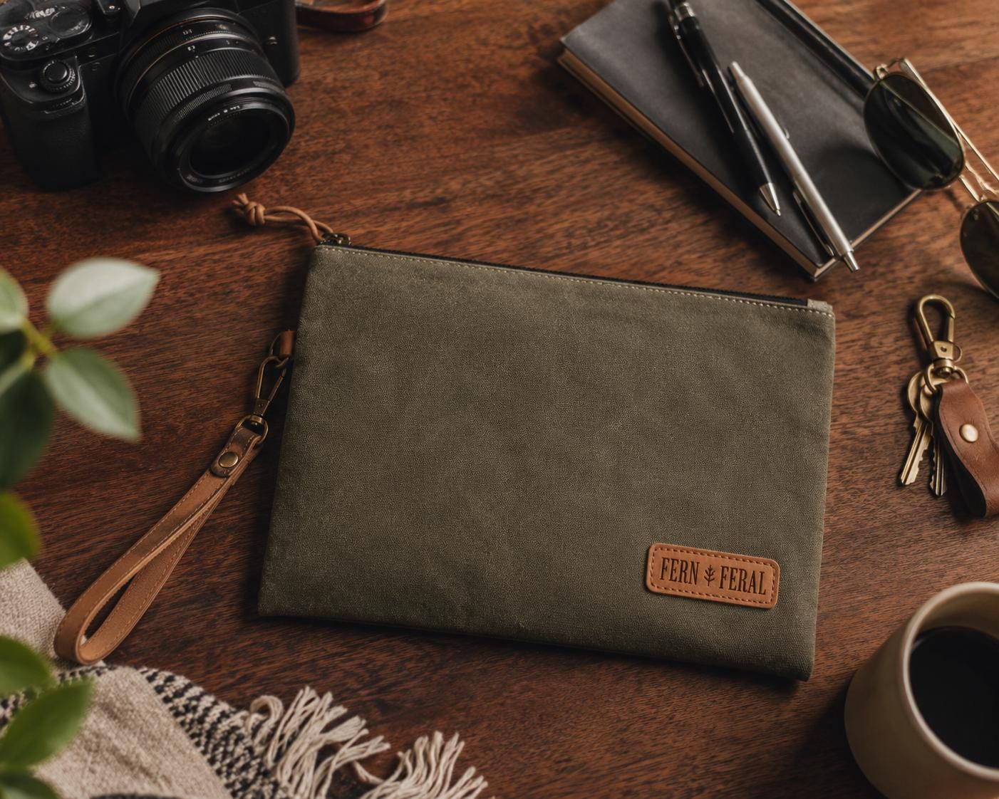 Personalized Waxed Canvas Everyday Pouch | Custom Engraved Leather Zipper Bag | Travel Organizer | EDC Bag | Toiletry Kit | Hiking | Gift