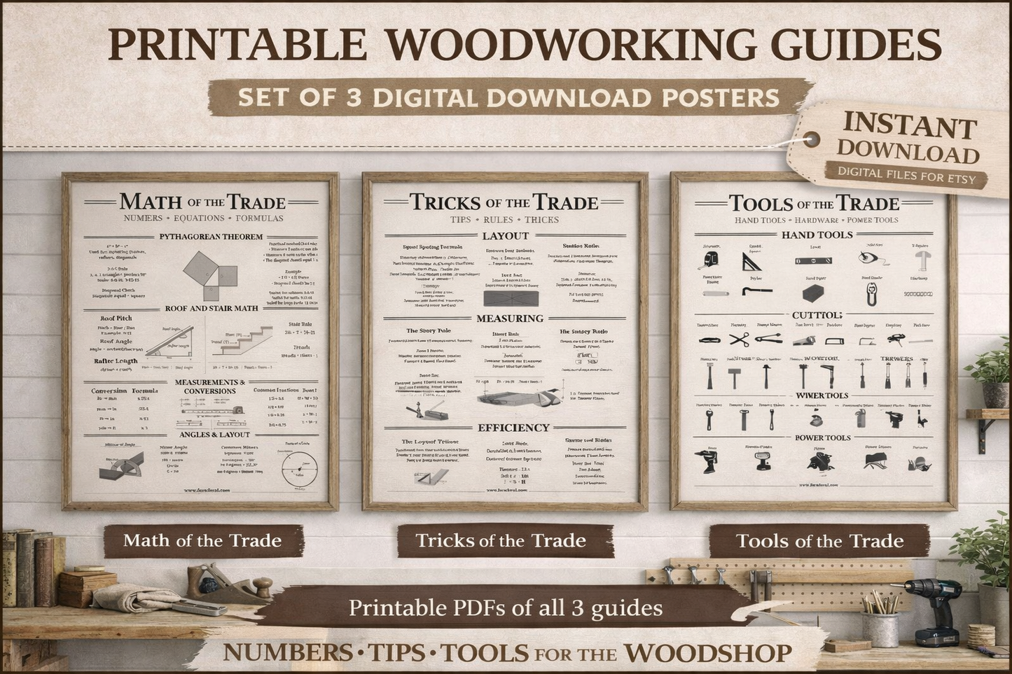 Woodworking Poster Set (3 Pack Printable) | Tools, Math & Tricks of the Trade | Shop Wall Art | 2:3 3:4 4:5