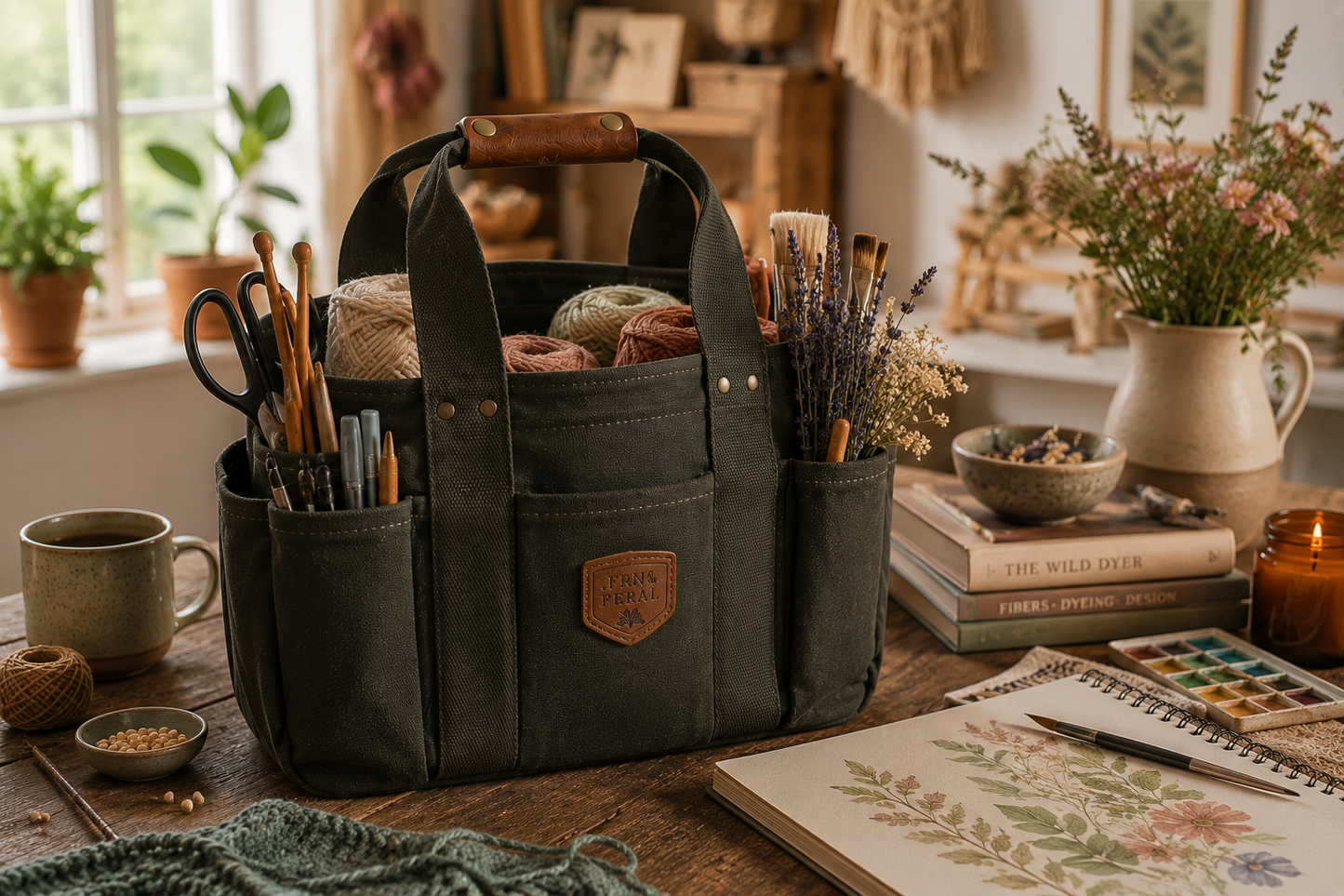 Personalized Waxed Canvas Tote Bag, Garden Tool Bag & Utility Caddy, Custom Leather Patch Organizer, Gardener Handyman Gift
