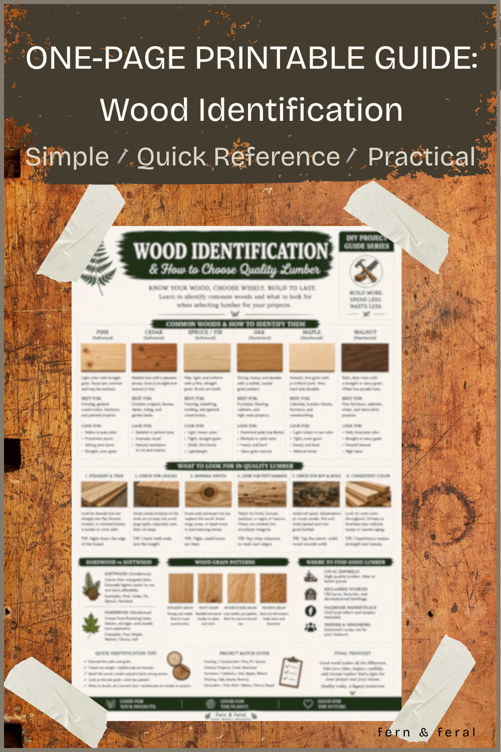 Wood Identification Printable Guide | How to Choose Lumber PDF | Woodworking Cheat Sheet | DIY Shop Reference