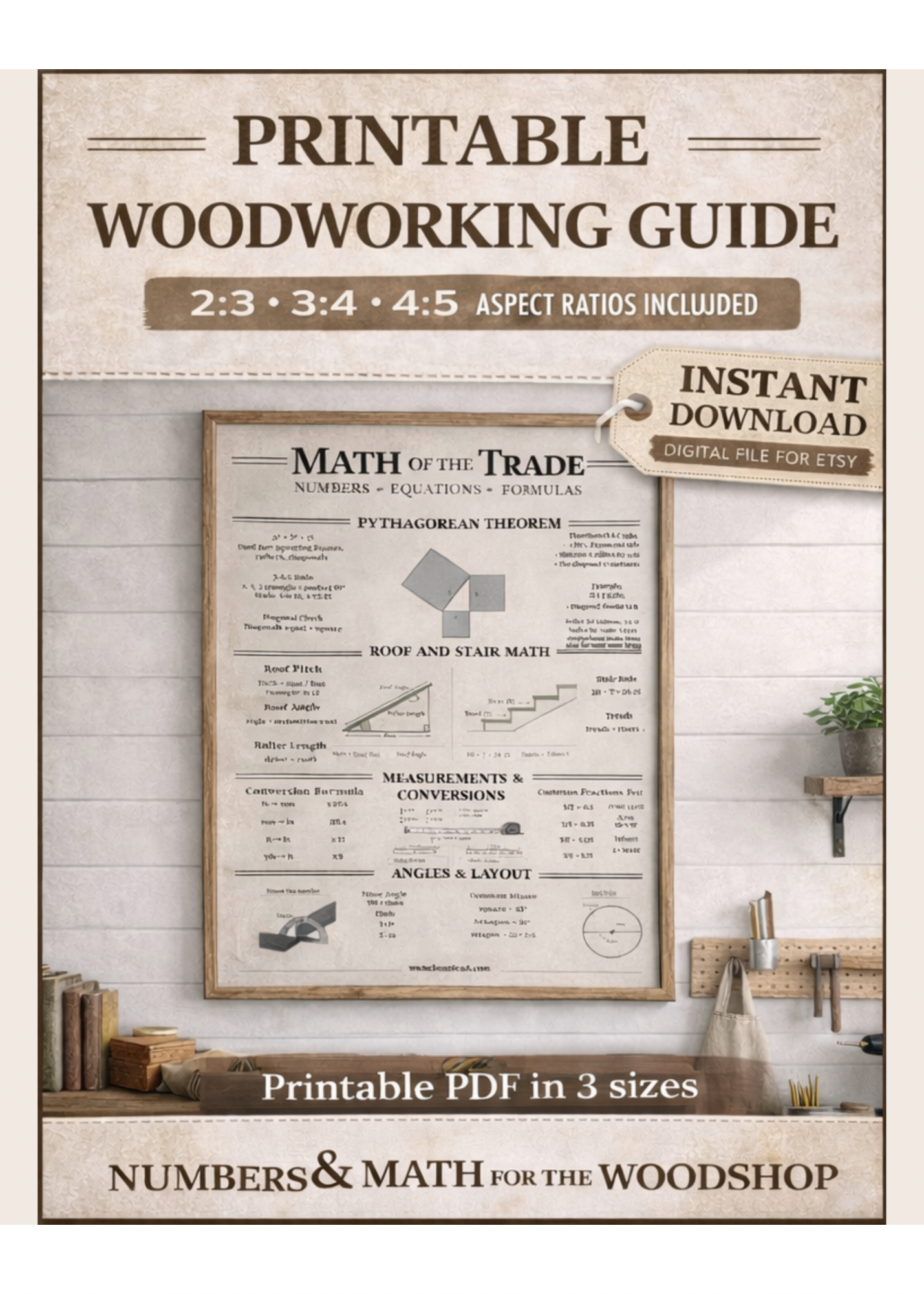 Math of the Trade Poster (Printable) | Woodworking Math, Carpentry Formulas & Layout Guide | 2:3 3:4 4:5