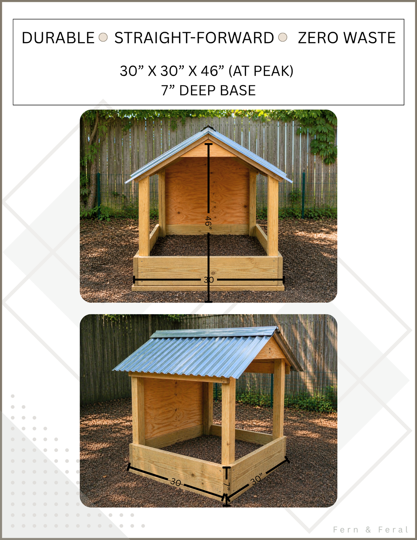 DIY Covered Chicken Dust Bath Plans | 30”x30” Gable Roof Dust Bath for Backyard Chickens | Cleaner Coop & Happier Hens
