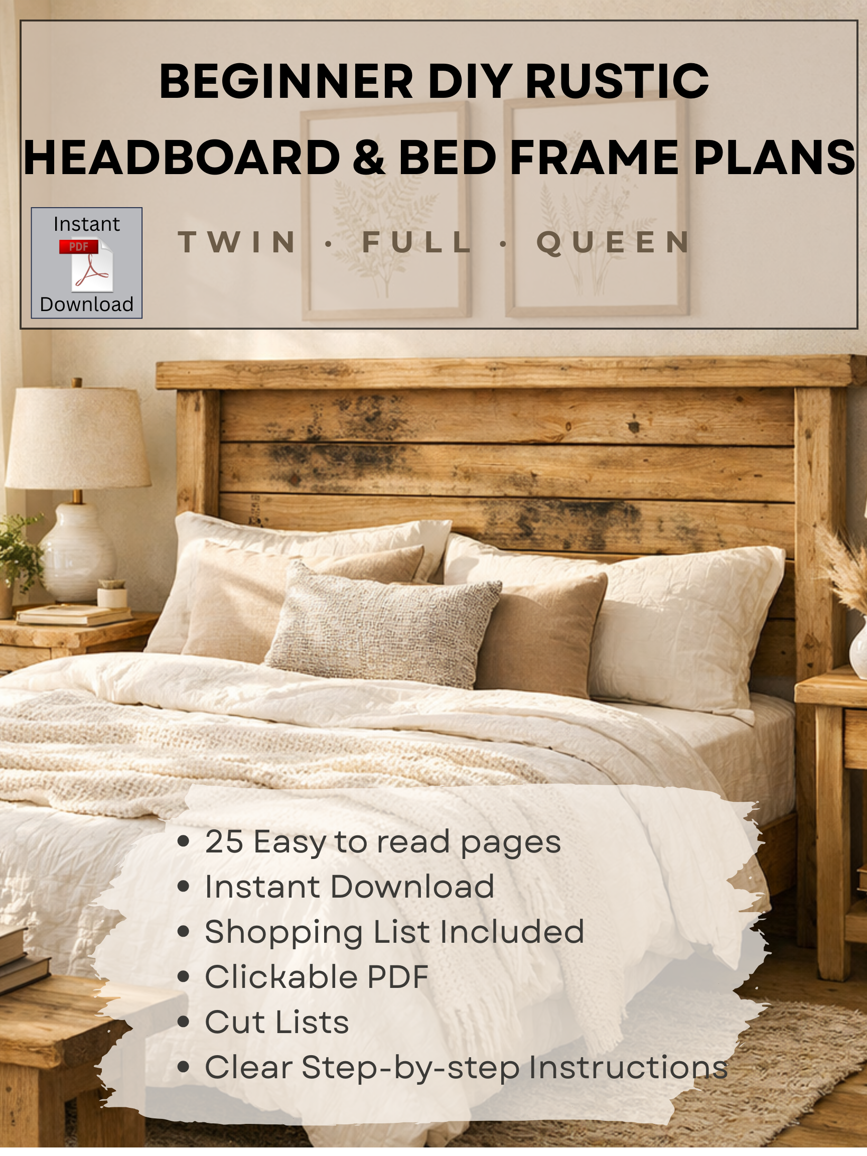 Wooden headboard and bed frame with bedding, lamps, and decorative elements on a neutral background.