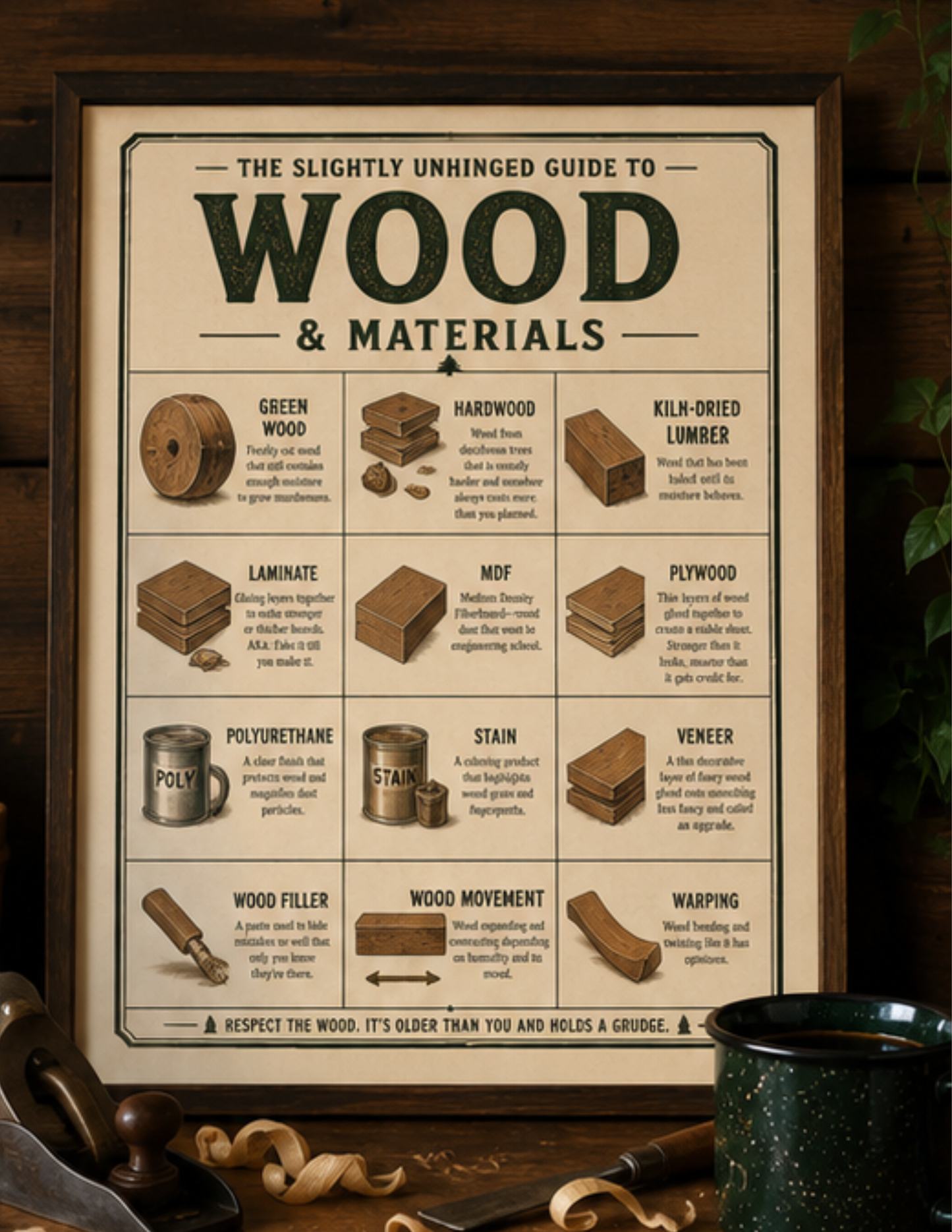 The Slightly Unhinged Woodworking Dictionary | Printable Workshop Wall Art Set (3 Posters)