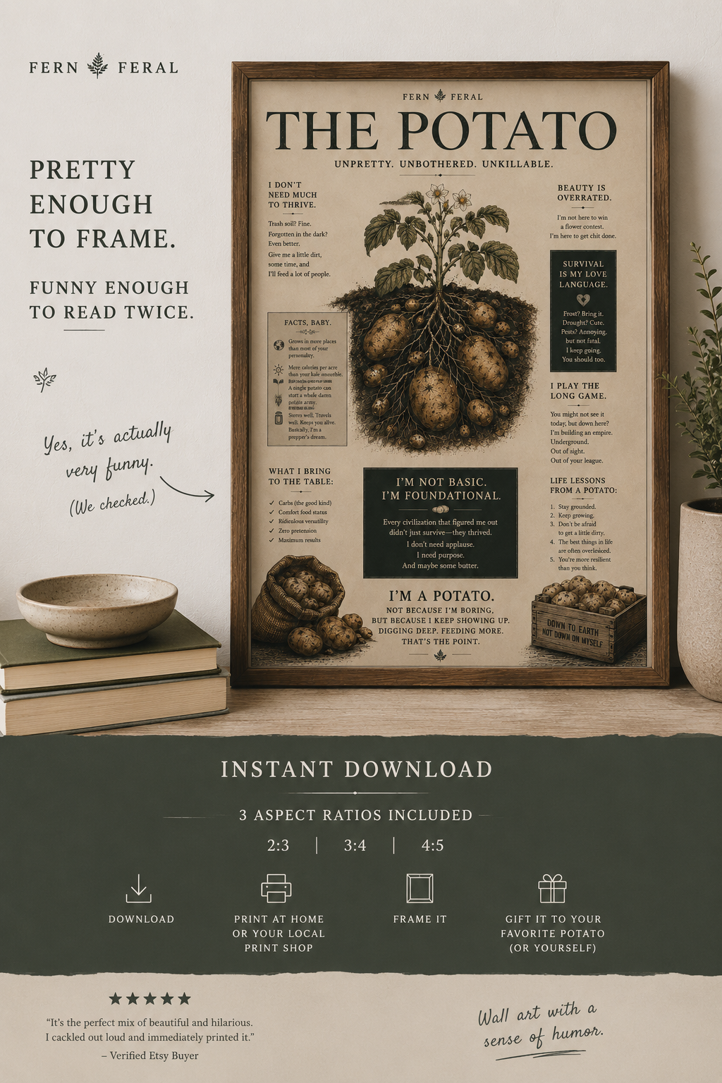Funny Potato Wall Art Printable | Vintage Botanical Gardener Poster