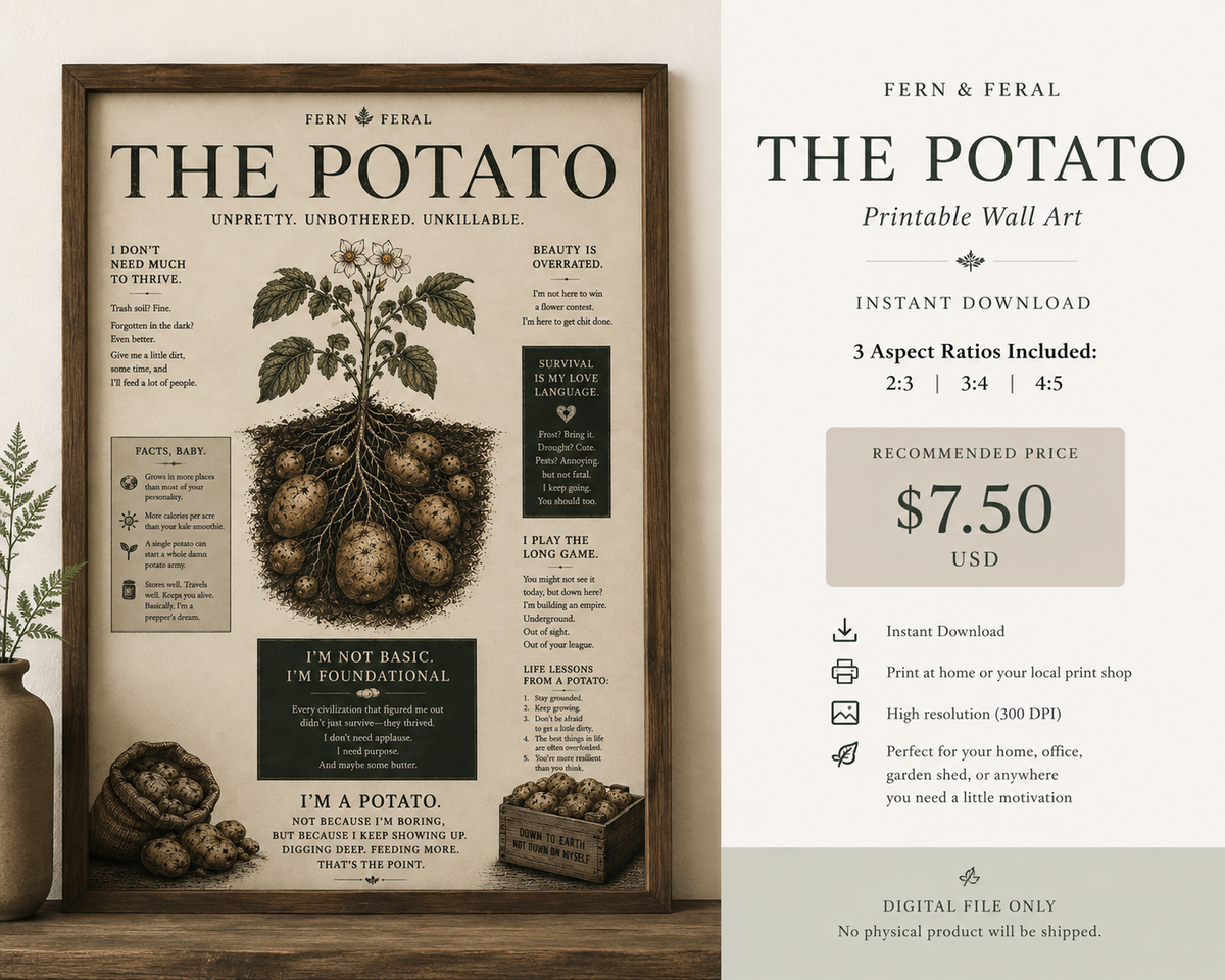 Funny Potato Wall Art Printable | Vintage Botanical Gardener Poster