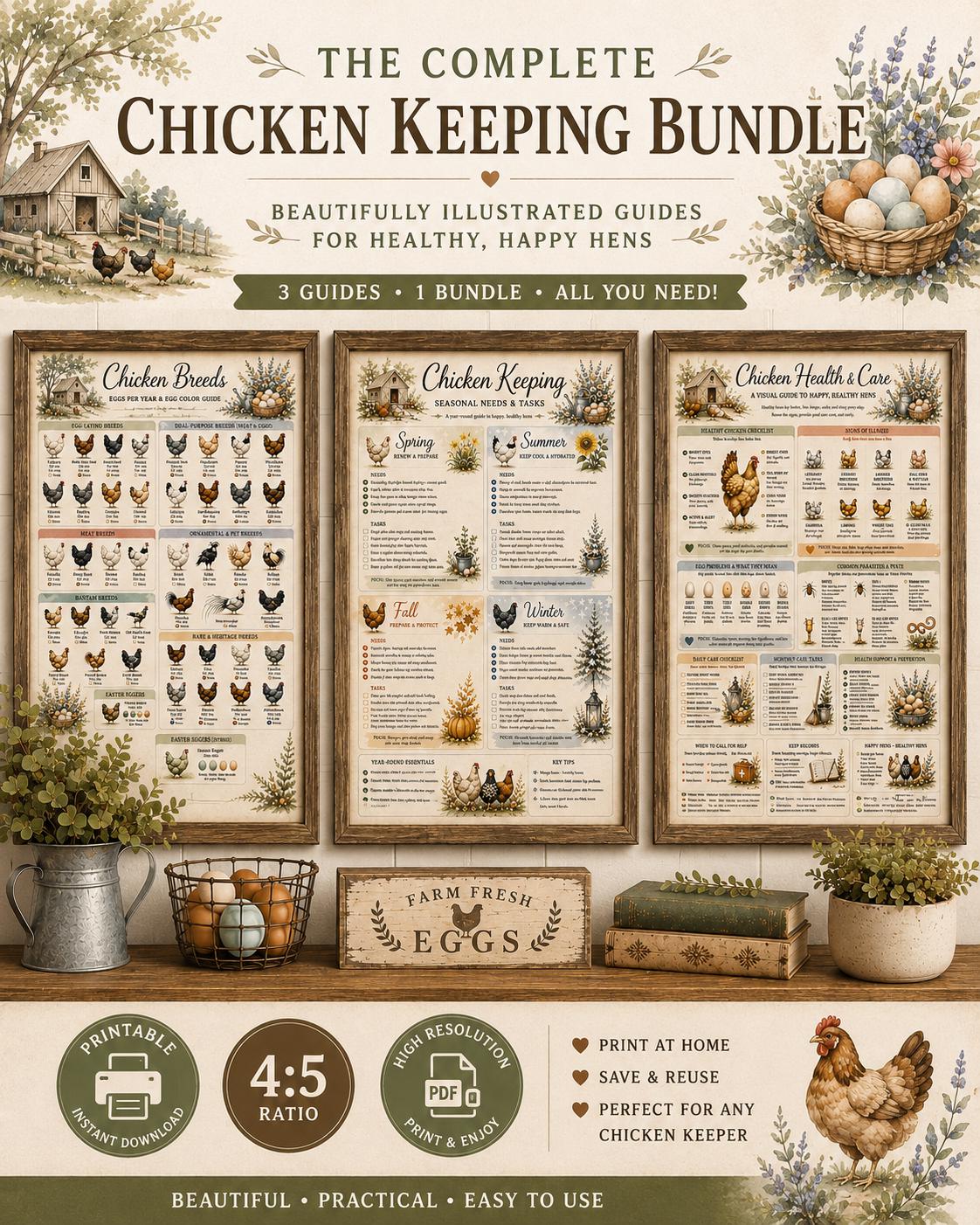 Chicken Coop Printable Wall Art Set | Chicken Breeds Poster | Chicken Care Guide | Chicken Health Poster | Farmhouse Coop Decor | Homestead