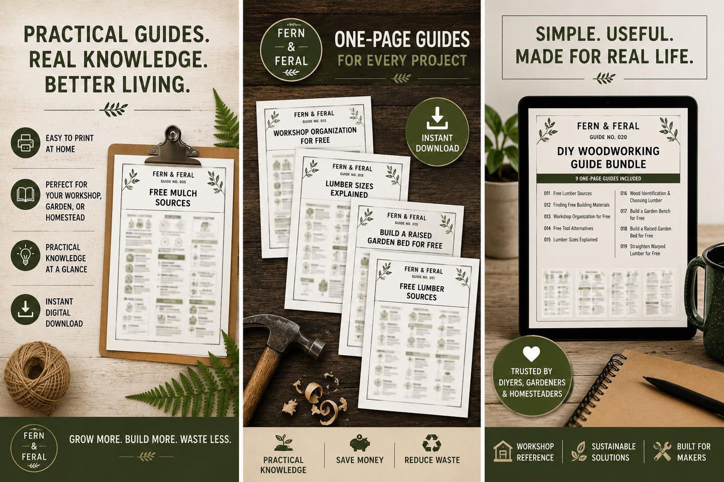 DIY Woodworking Printable Bundle | 9 One-Page Workshop Guides PDF | Beginner Woodworking & Homestead DIY Reference | Instant Download