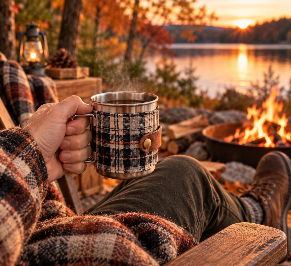 Stainless Steel Personalized Camping Mug Gift Set For Two with Handmade Waxed Canvas, Flannel, and Leather Cozies