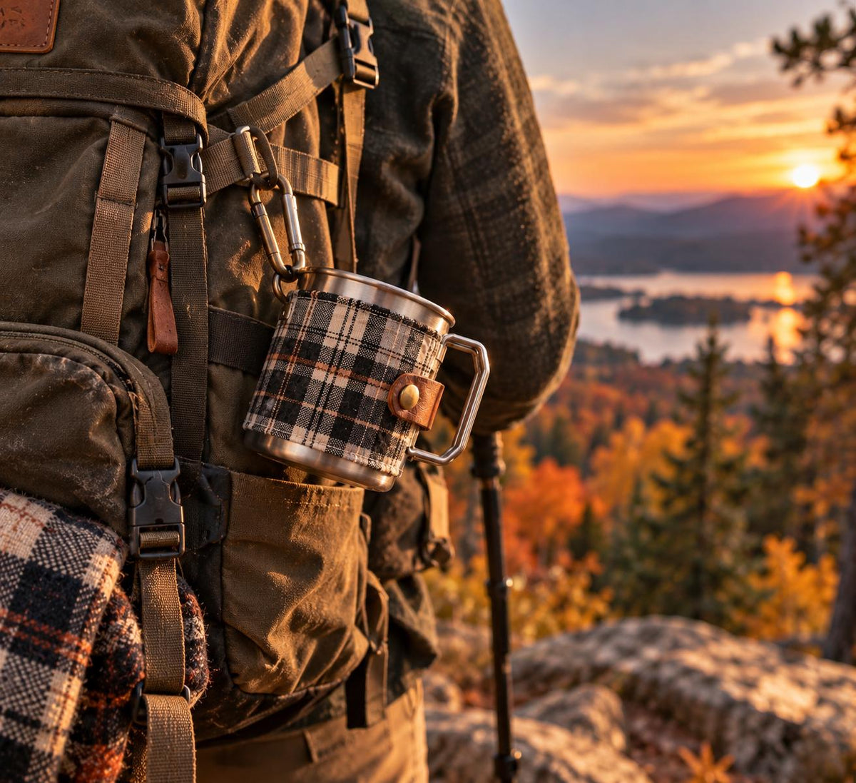 Stainless Steel Personalized Camping Mug Gift Set For Two with Handmade Waxed Canvas, Flannel, and Leather Cozies