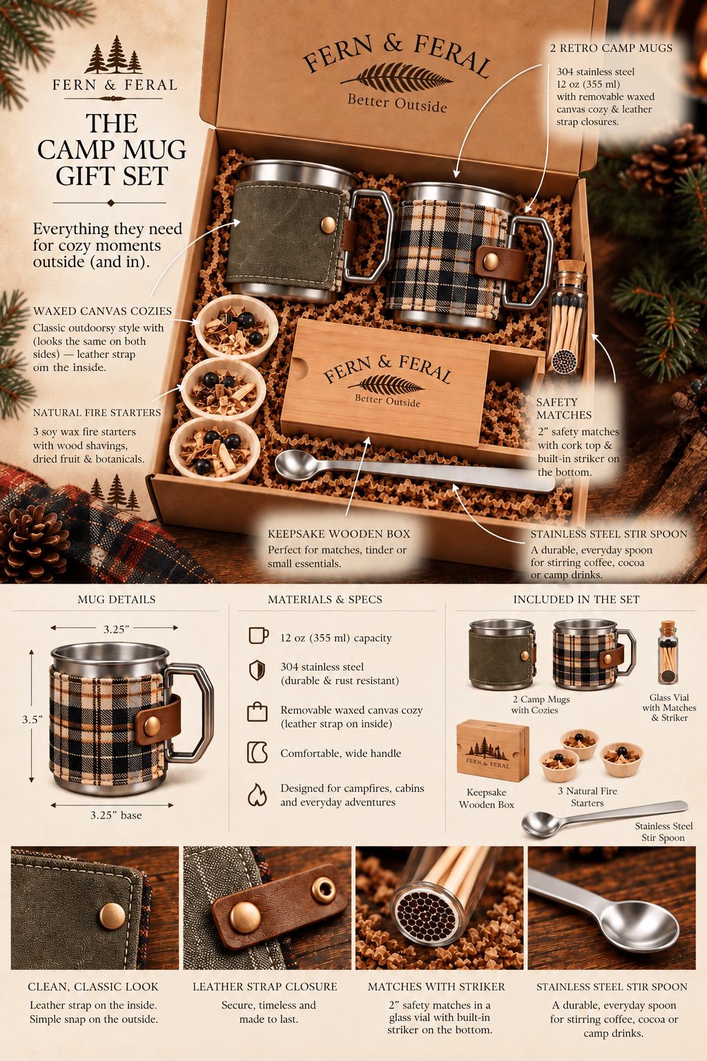 Stainless Steel Personalized Camping Mug Gift Set For Two with Handmade Waxed Canvas, Flannel, and Leather Cozies