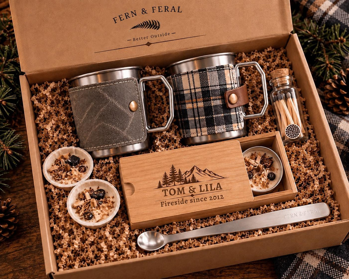 Stainless Steel Personalized Camping Mug Gift Set For Two with Handmade Waxed Canvas, Flannel, and Leather Cozies
